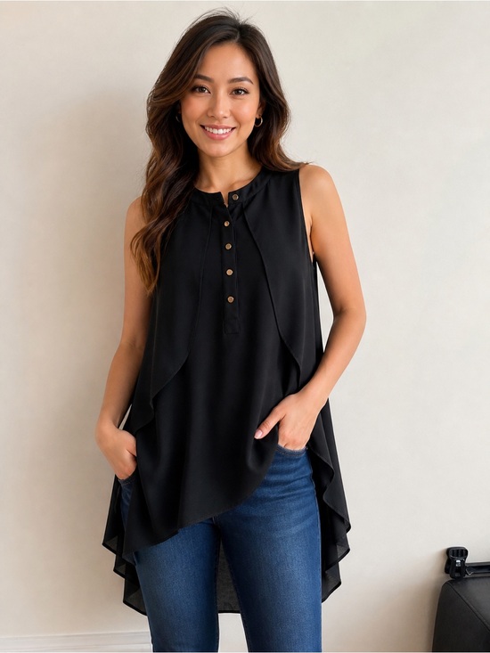Guess Tops - GUESS Black High-Low Sleeveless Blouse with Gold Button Detail Size Small